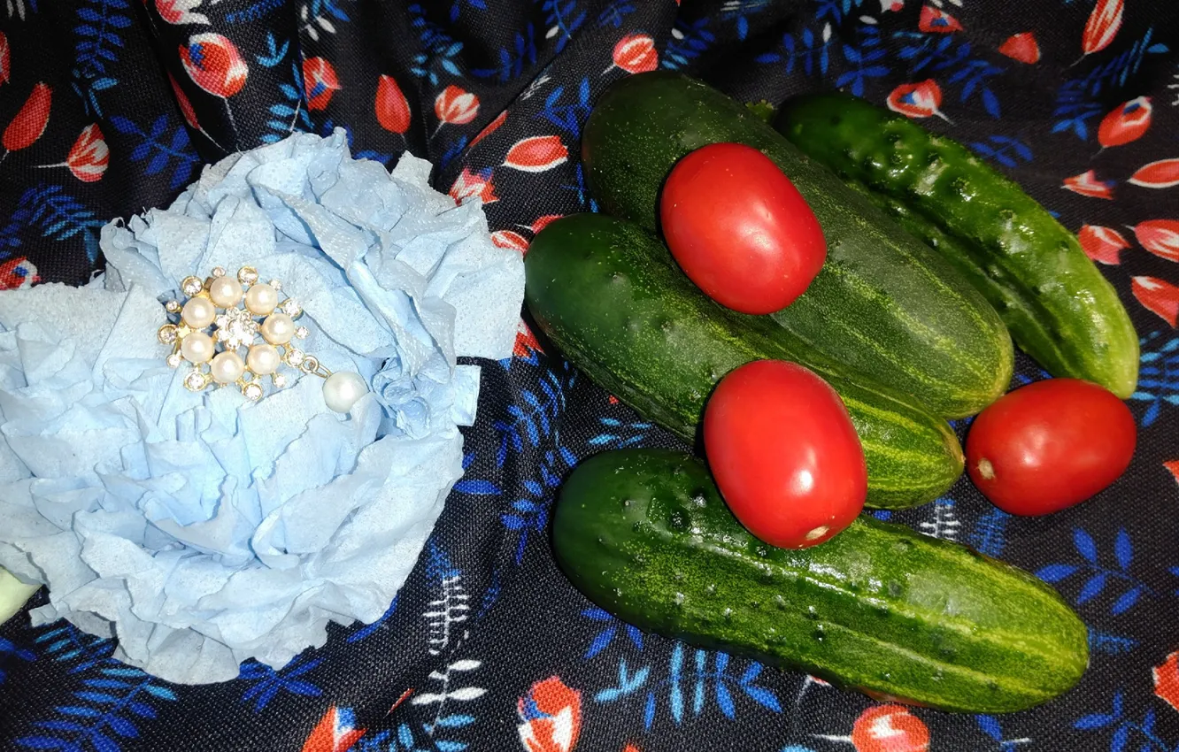 Photo wallpaper flower, fabric, still life, tomatoes, cucumbers