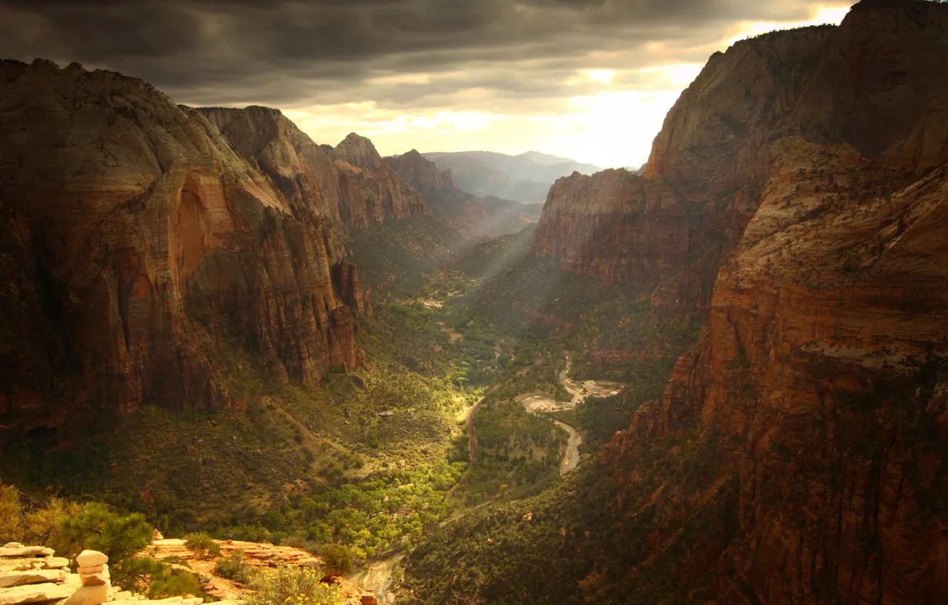 Photo wallpaper road, clouds, rocks, view, height, canyon, gorge, the sun's rays