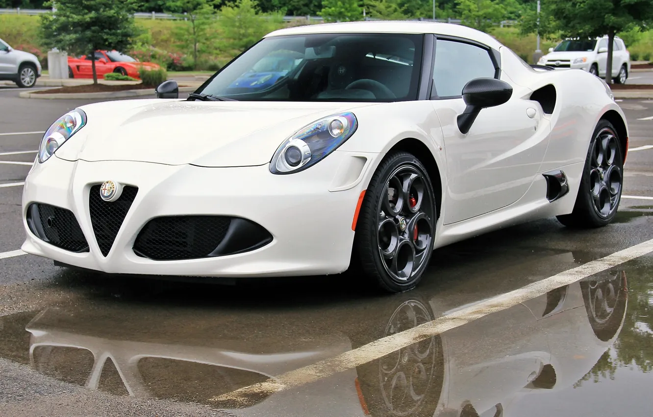 Photo wallpaper reflection, puddles, Alfa Romeo, Alfa Romeo 4C, Parking