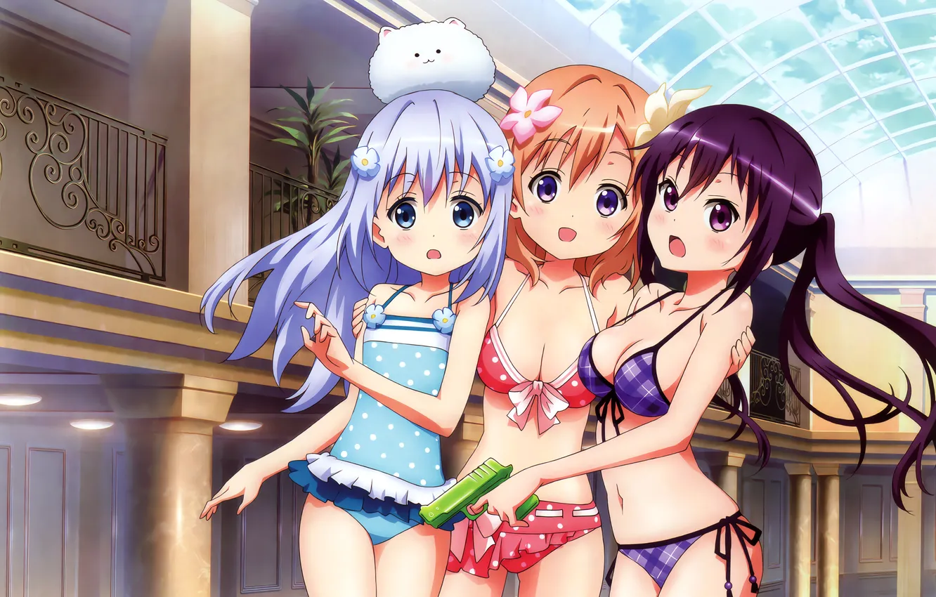 Photo wallpaper sexy, cleavage, long hair, girls, boobs, anime, blue eyes, beautiful