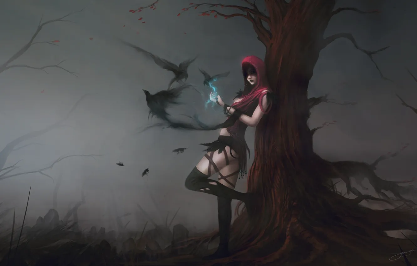 Photo wallpaper girl, birds, fog, tree, magic, art, hood, crows