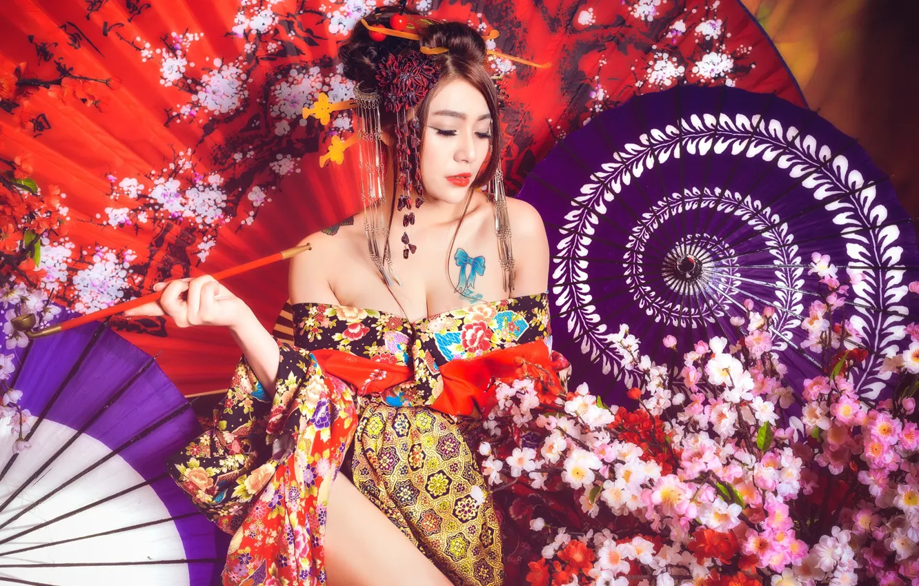 Photo wallpaper face, style, background, Sakura, umbrellas, kimono, Asian
