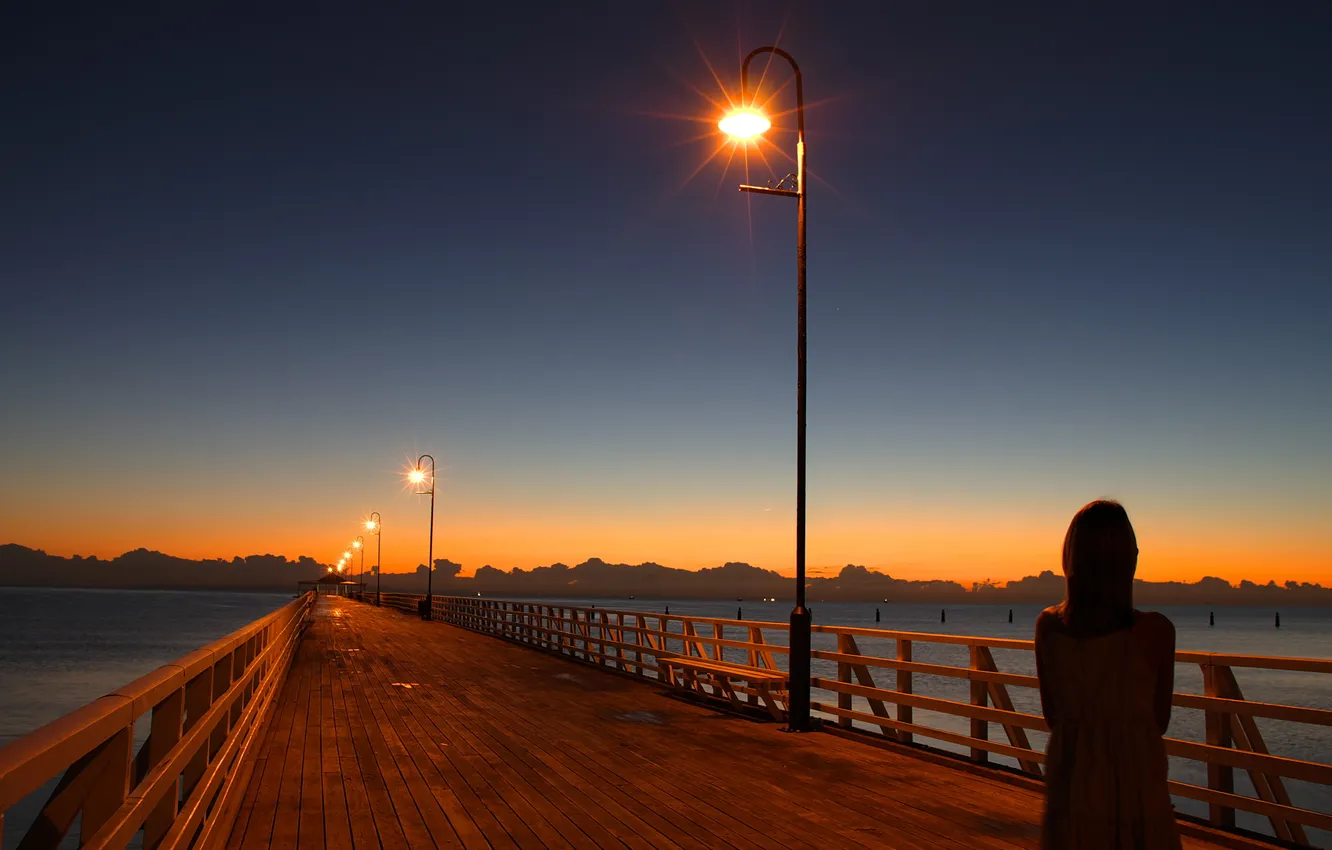 Photo wallpaper water, light, sunset, bridge, the evening, girl, lantern