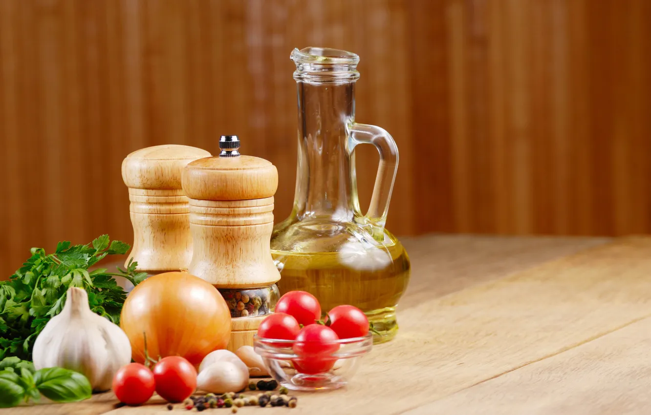 Photo wallpaper oil, bow, garlic, seasoning, Cheri