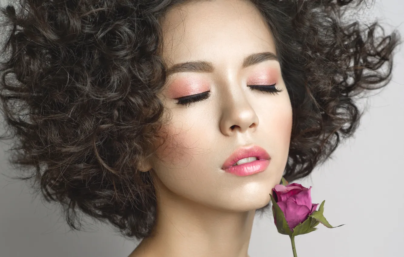 Photo wallpaper flower, close-up, face, background, rose, portrait, makeup, brunette