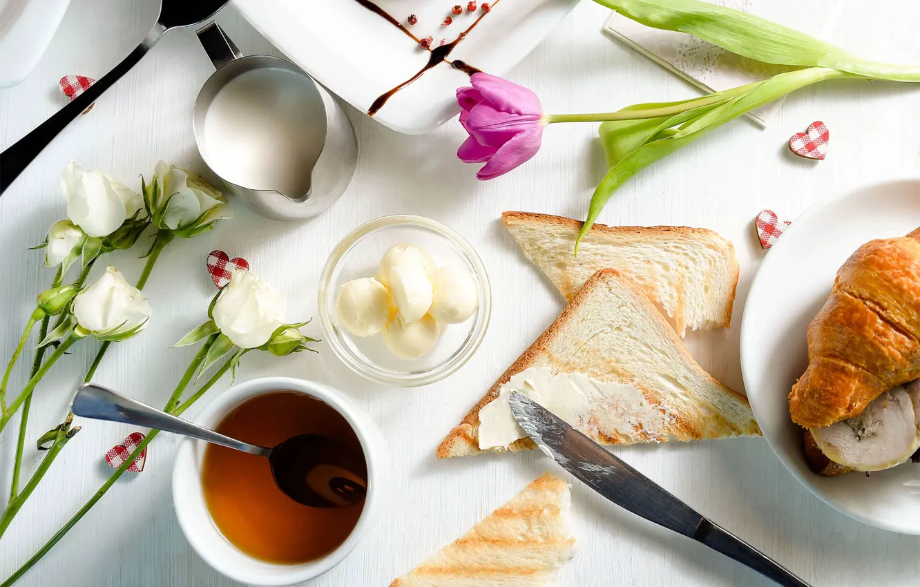 Photo wallpaper tea, oil, bread, tulips, croissant