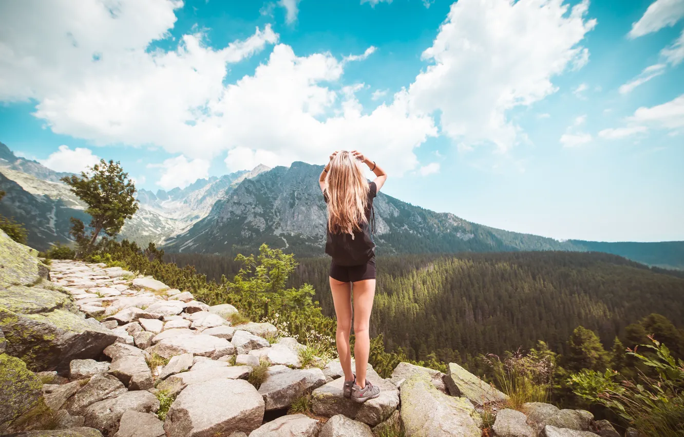 Photo wallpaper girl, landscape, shorts, mountain, blonde