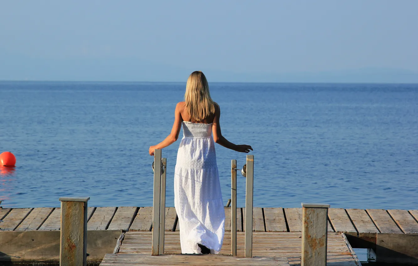 Photo wallpaper sea, girl, back, pier, dress