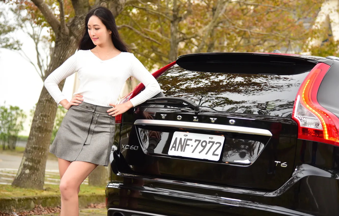 Photo wallpaper look, Girls, Volvo, Asian, beautiful girl, black car, posing on the car