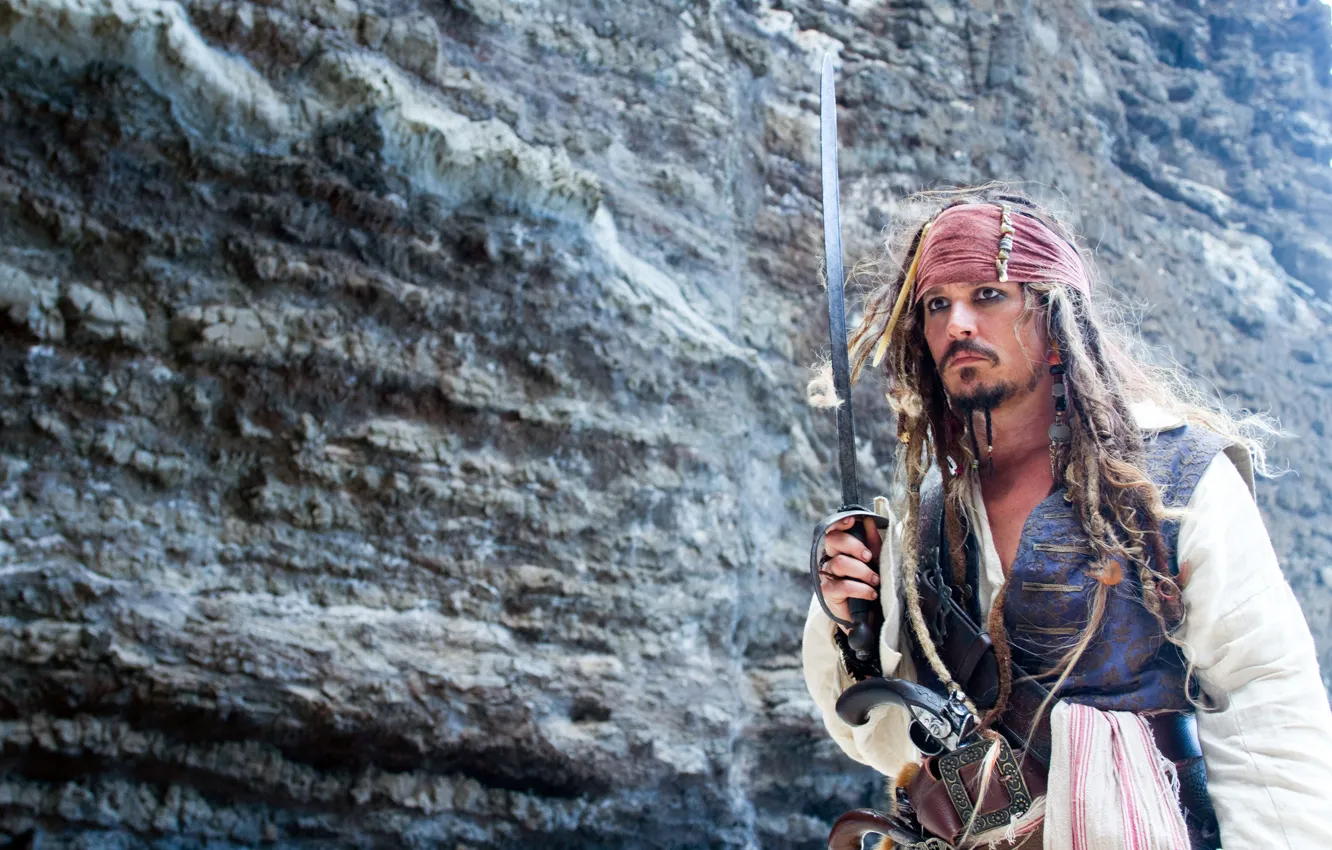 Photo wallpaper rock, actor, Johnny Depp, captain Jack Sparrow, saber, Pirates of the Caribbean 4