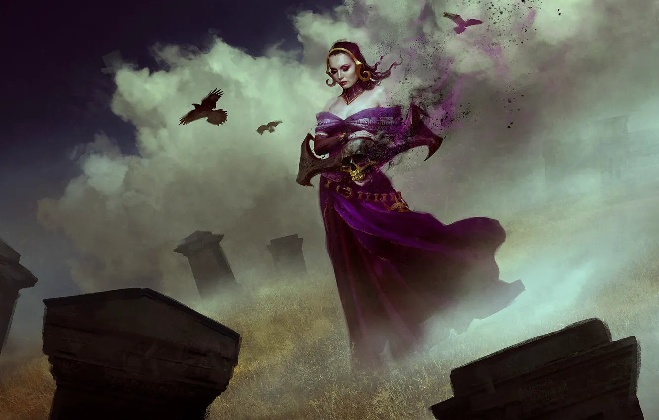Photo wallpaper purple, girl, magic, crows