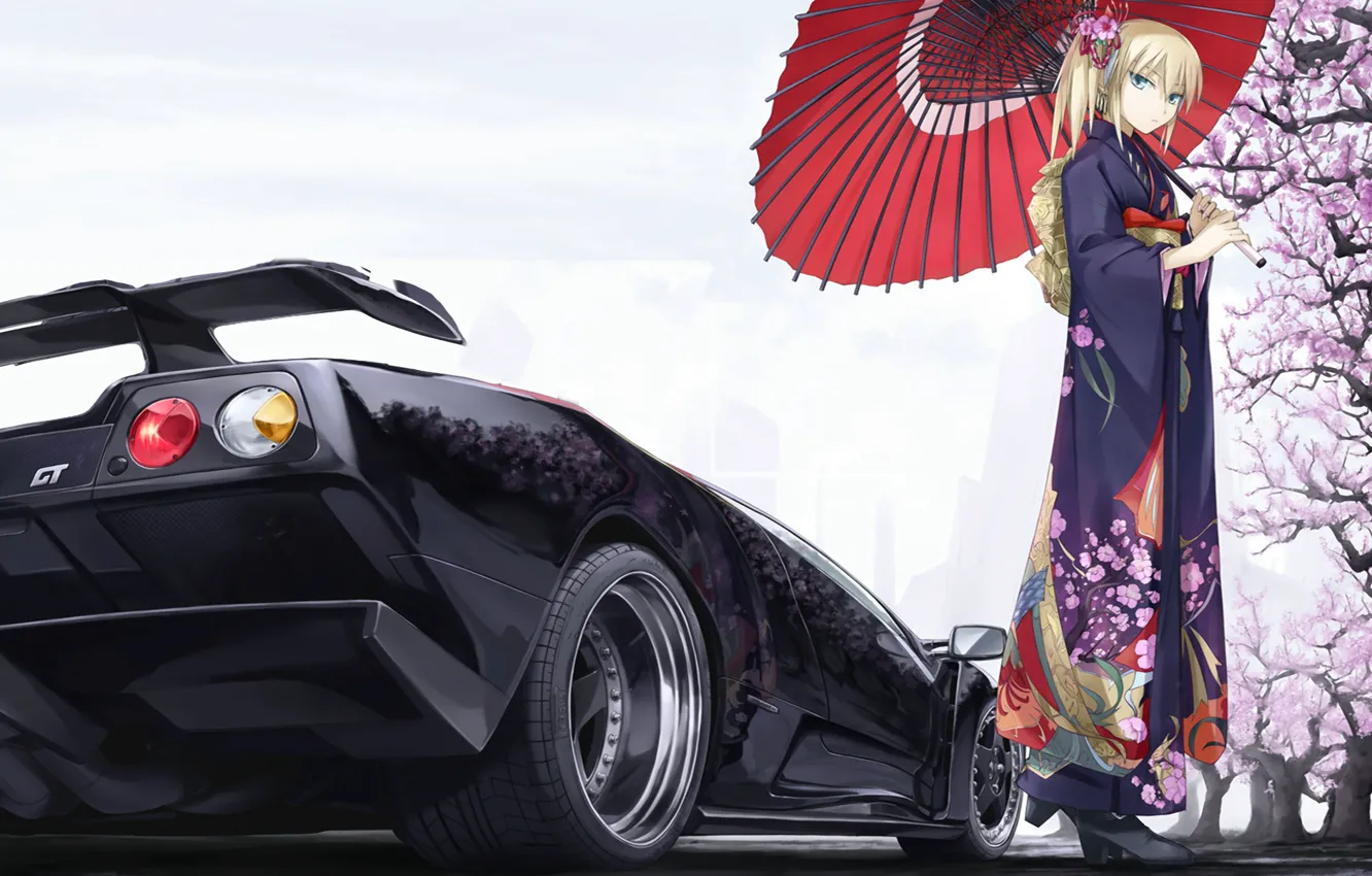 Photo wallpaper machine, girl, Sakura, Lamborhini Diablo GT