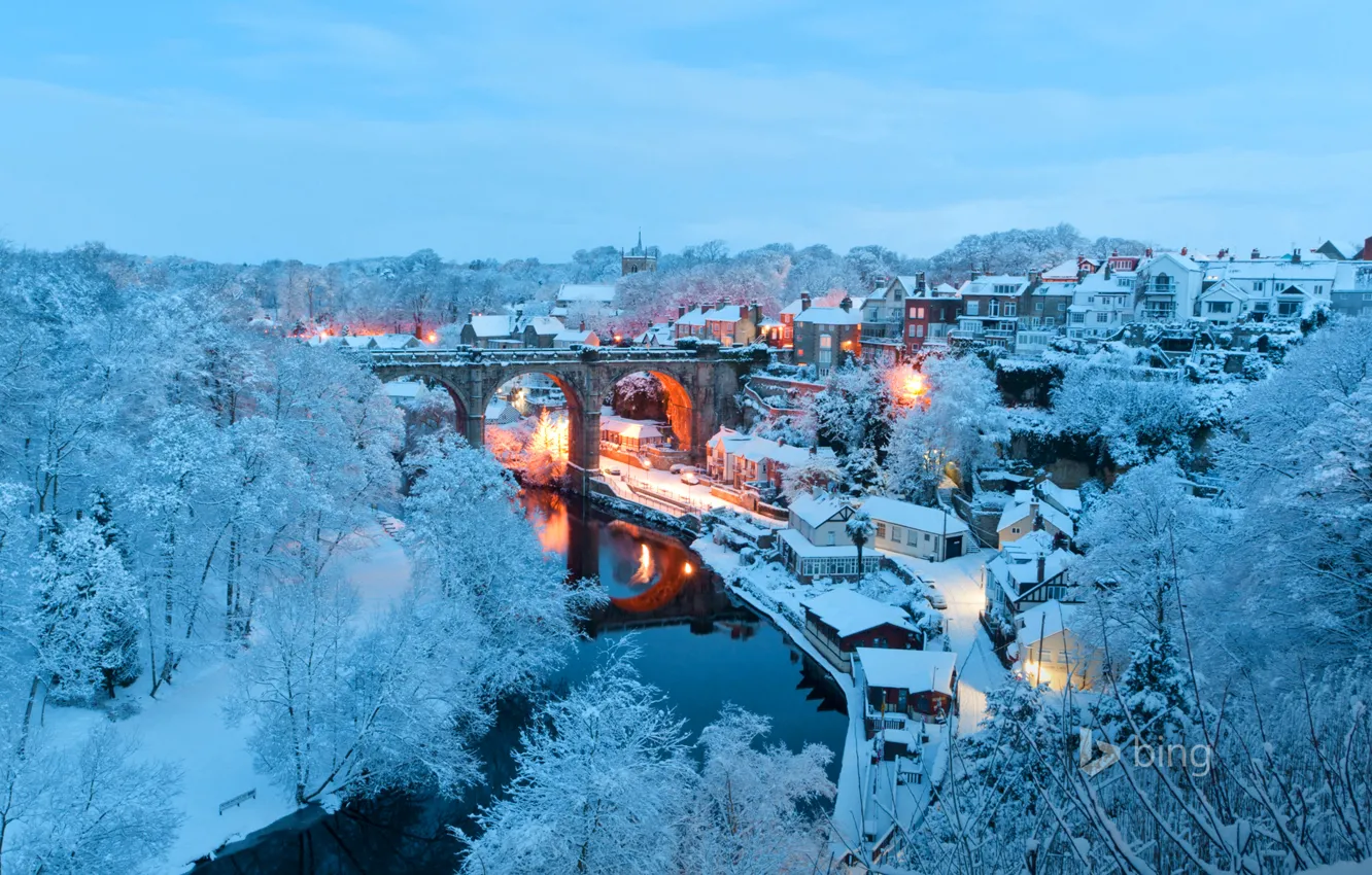 Photo wallpaper winter, snow, landscape, bridge, lights, river, England, home