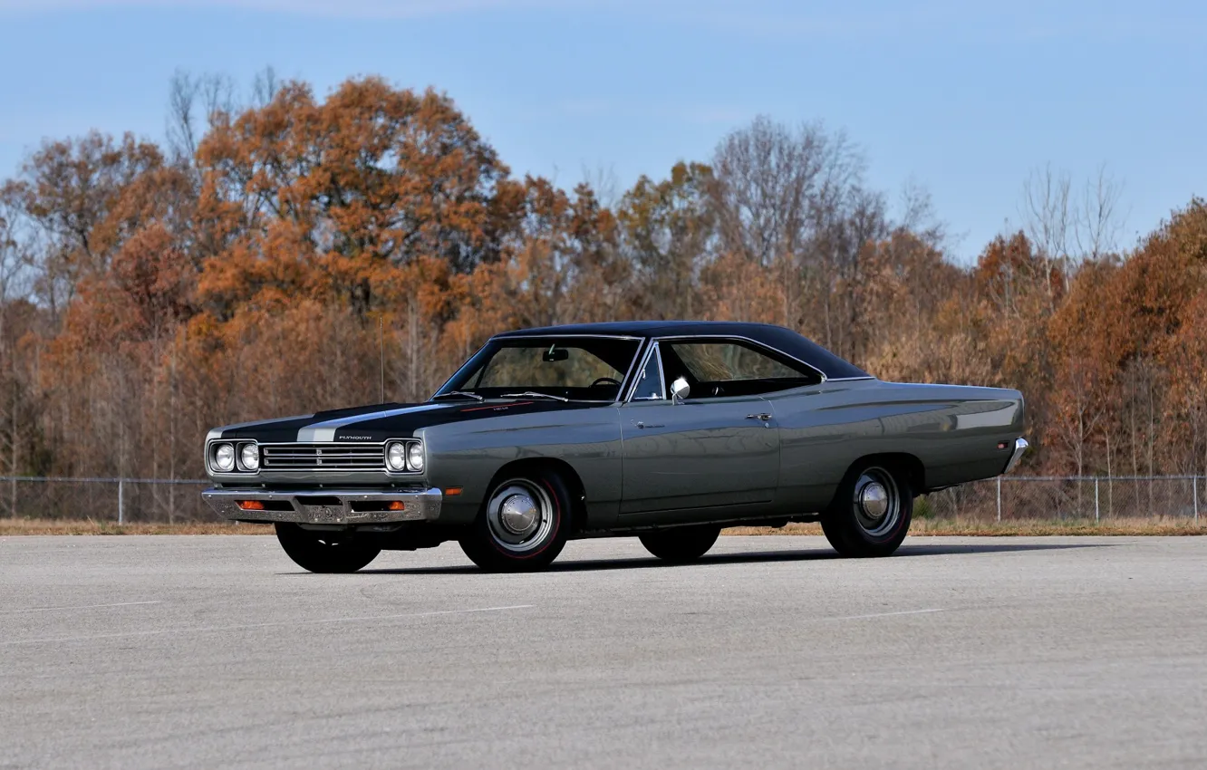 Photo wallpaper asphalt, trees, muscle car, Plymouth, handsome., Plymouth Road Runner, grey colour