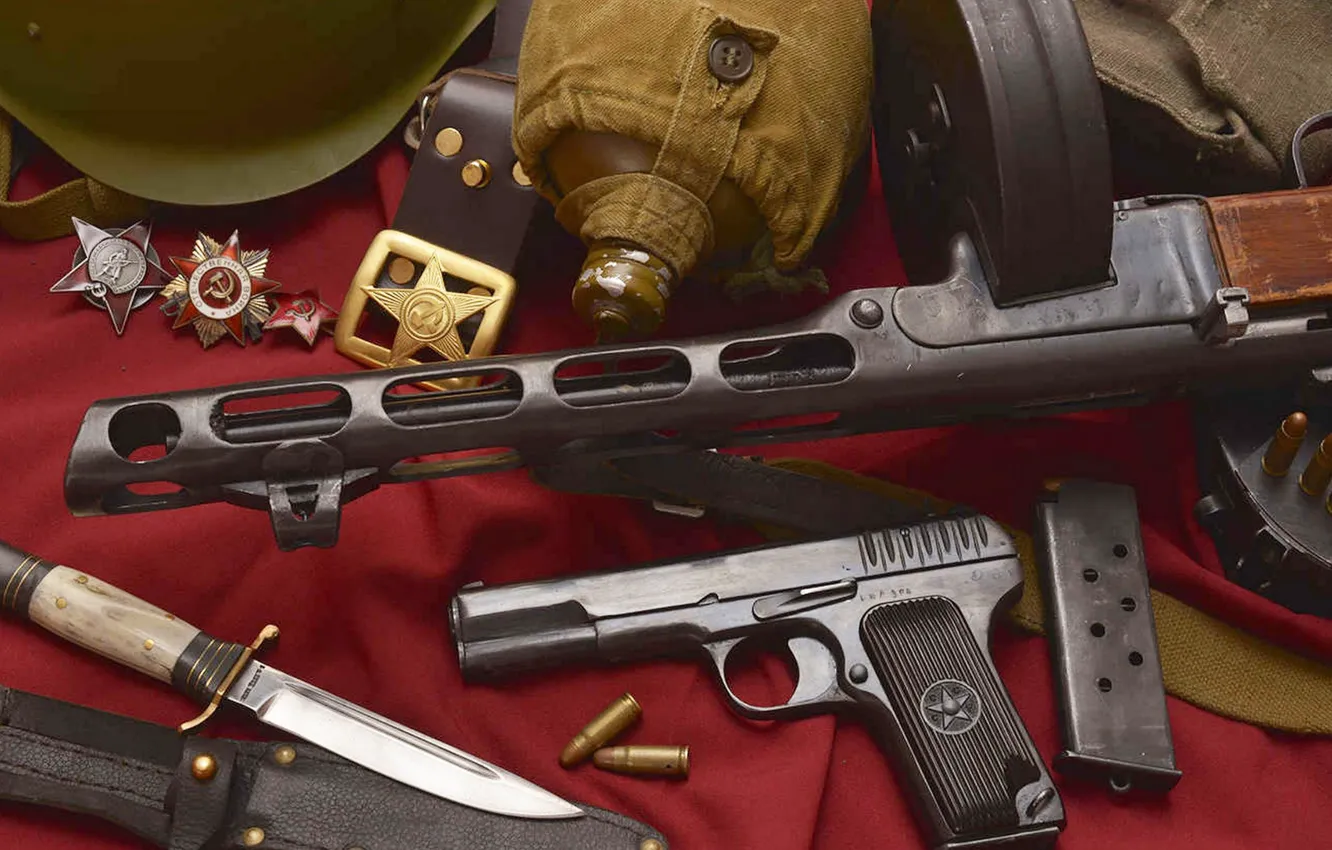 Photo wallpaper Knife, Order Of The Red Star, Order of the Patriotic war, Cartridges, Helmet, PPSH-41, TT-33, …