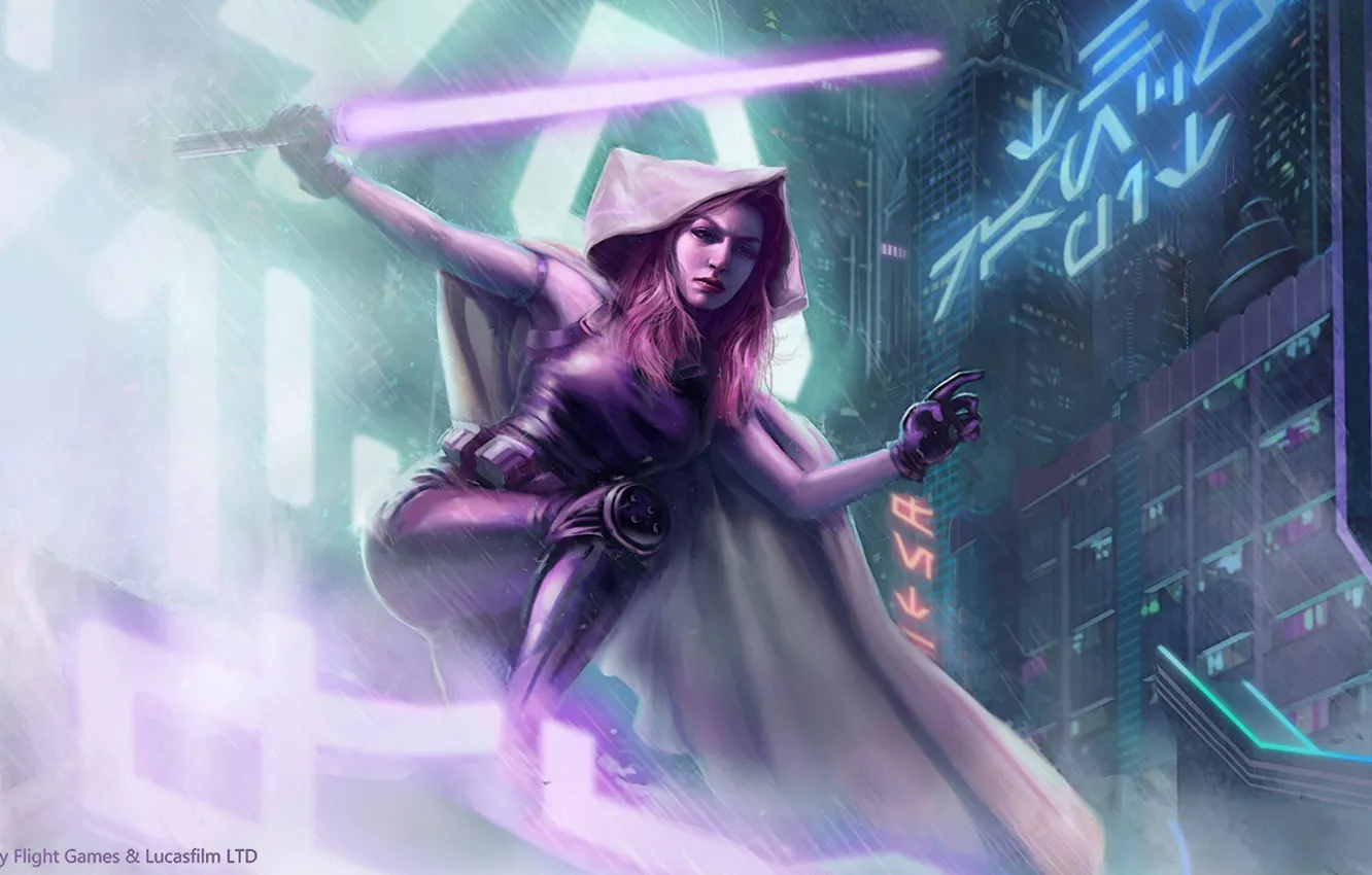 Photo wallpaper city, Star Wars, girl, rain, purple, Red hair, Mara Jade, lighsaber