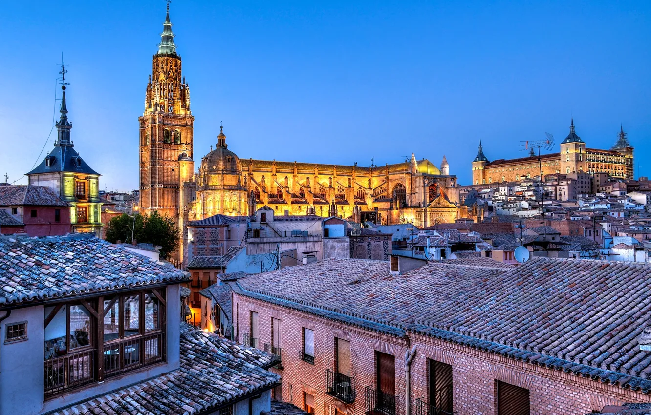 Photo wallpaper the city, view, home, the evening, roof, Cathedral, fortress, Spain