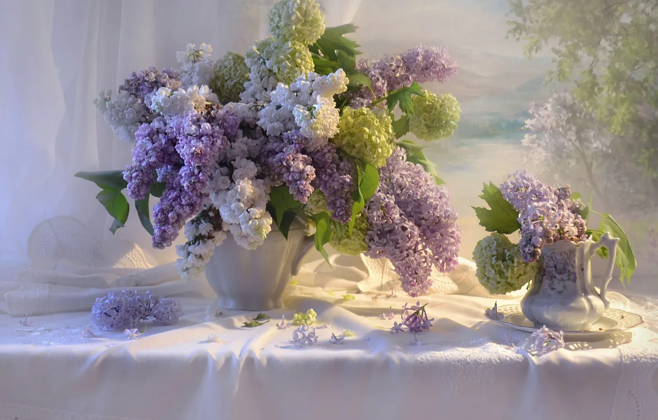 Photo wallpaper branches, fabric, pitcher, lilac, hydrangea, Valentina Fencing