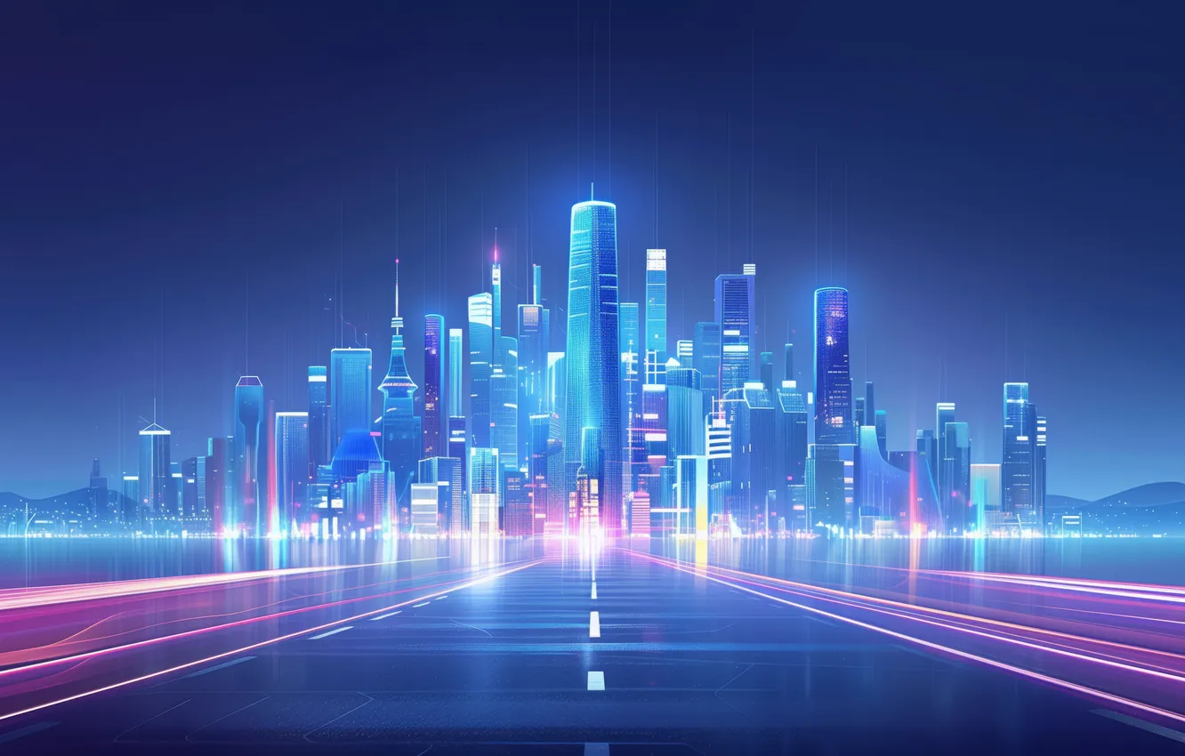 Photo wallpaper city, skyline, blue, Illustration, Virtual, AI Art, light streaks