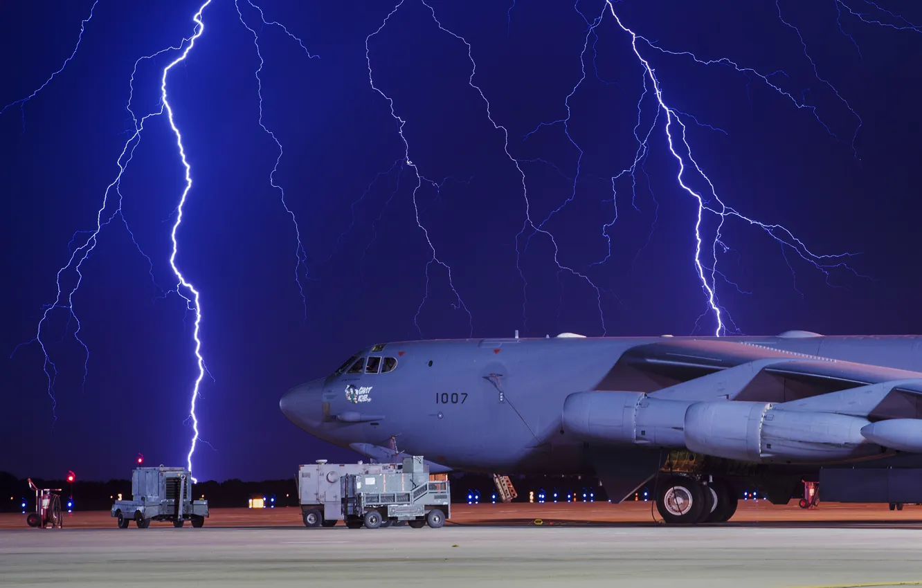 Photo wallpaper the storm, night, zipper, bomber, the airfield, B-52H, Stratofortres, Boeing B-52