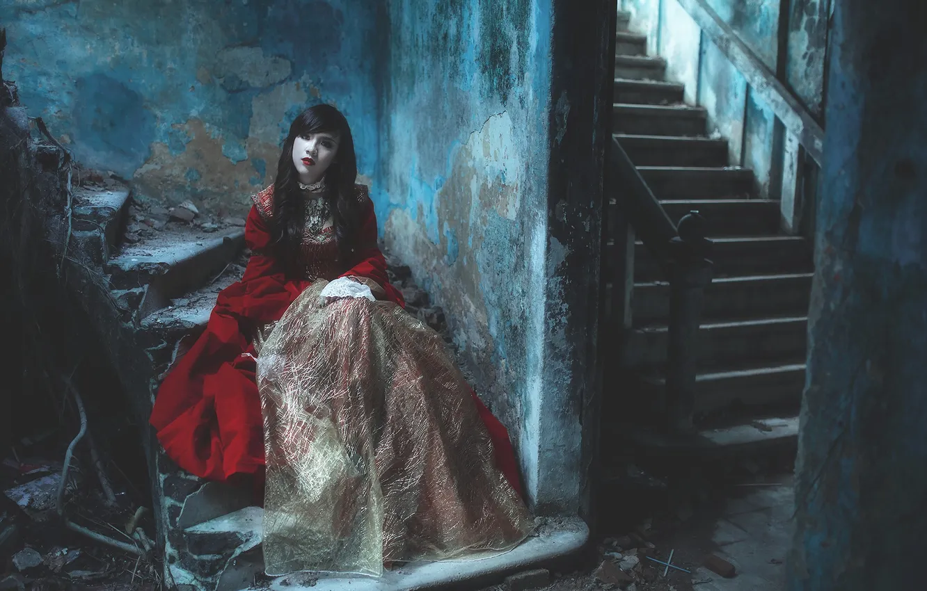 Photo wallpaper girl, home, ladder