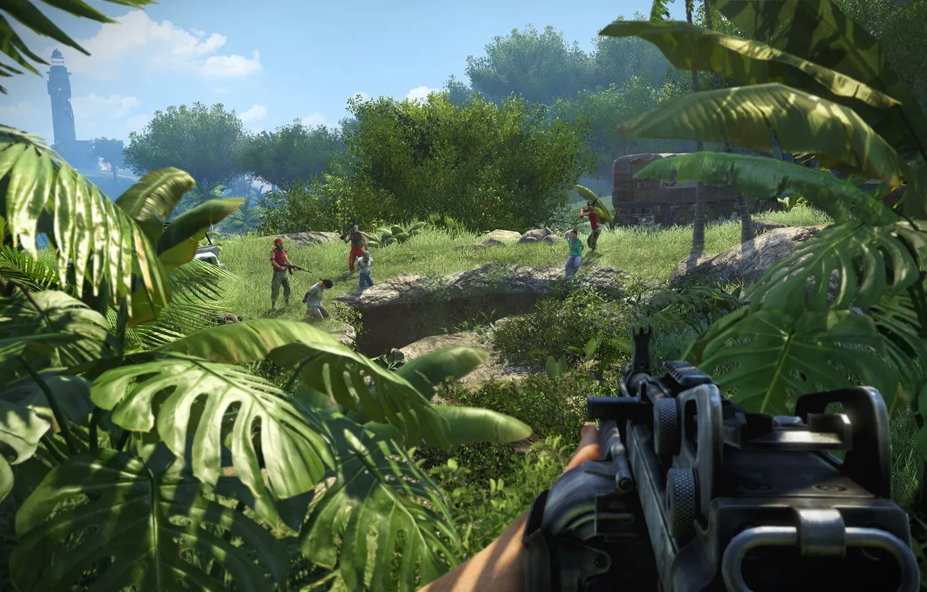 Photo wallpaper the sky, grass, leaves, trees, weapons, Truck, game, Far Cry