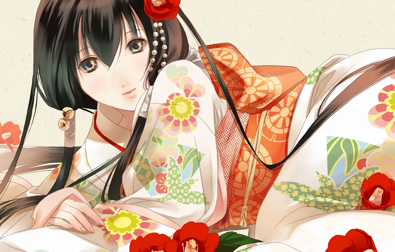 Photo wallpaper girl, flowers, art, kimono, bells, barrette, lying, Fuuchouin Kazuki