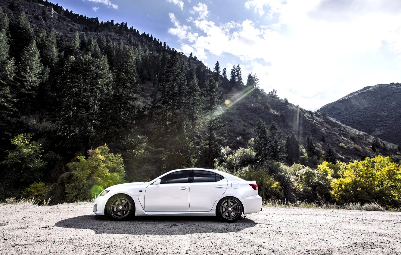 Photo wallpaper forest, the sun, mountains, Lexus, IS-F, Lexus