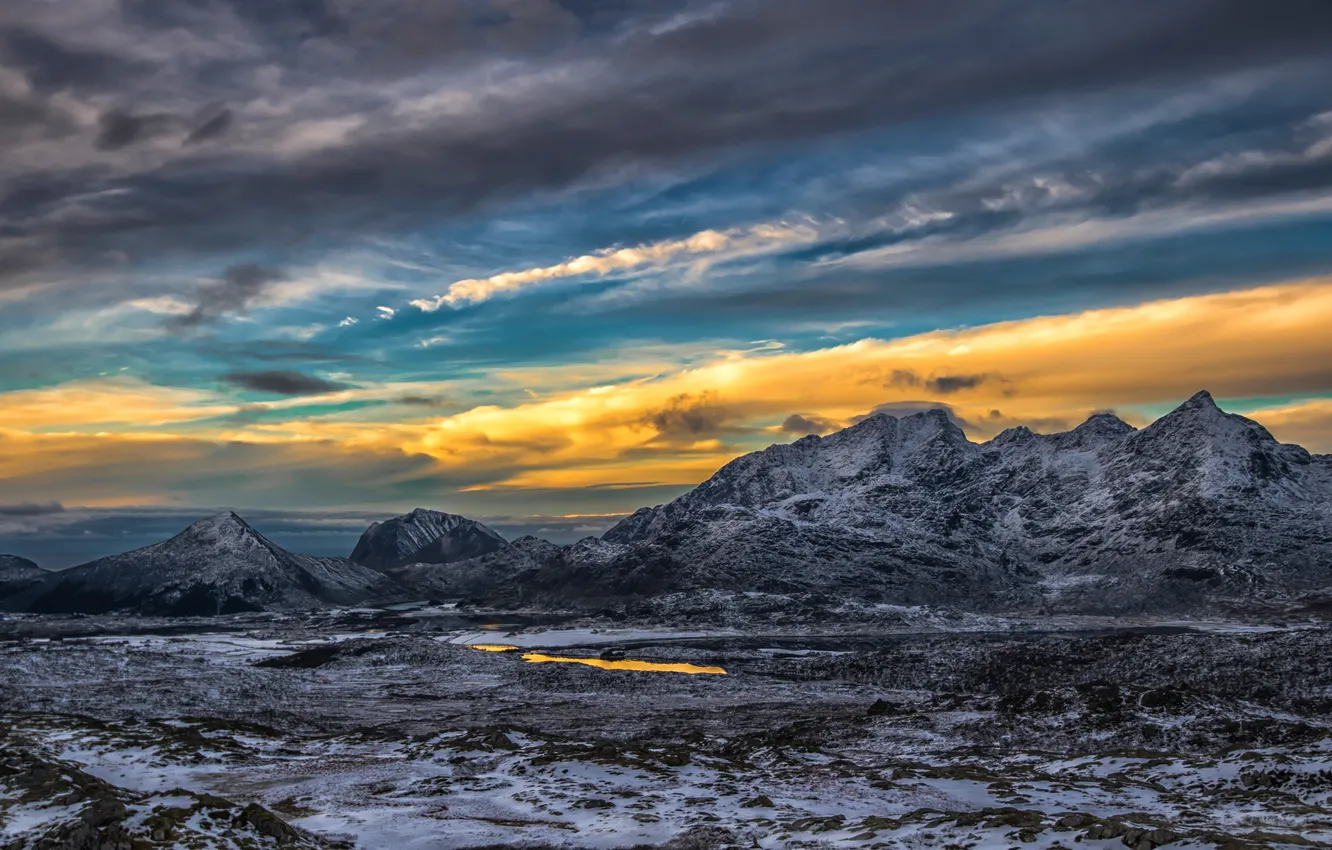 Photo wallpaper clouds, snow, sunset, mountains, lake, glow