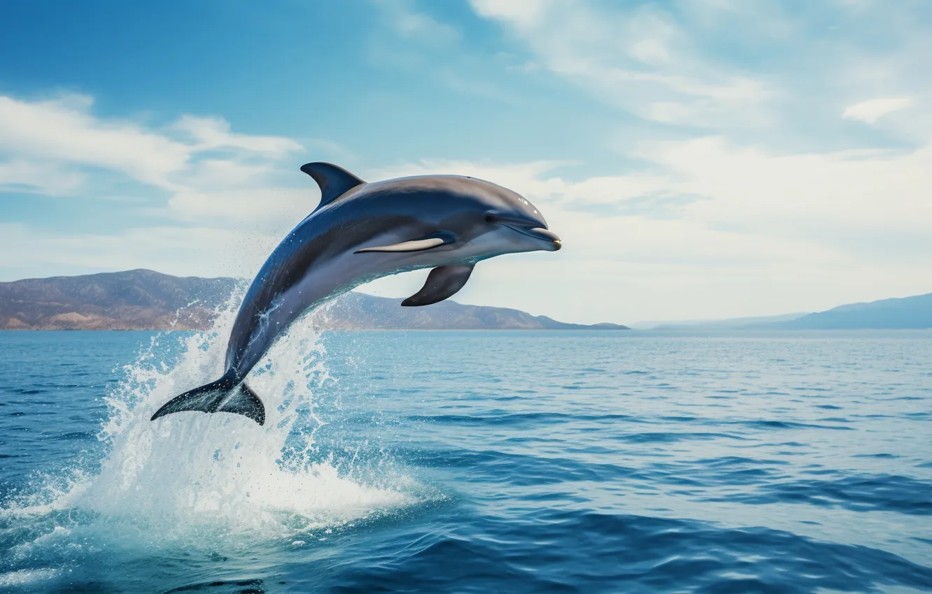 Photo wallpaper sea, water, jump, dolphins, digital art, AI art, The Art of Artificial Intelligence, neural network