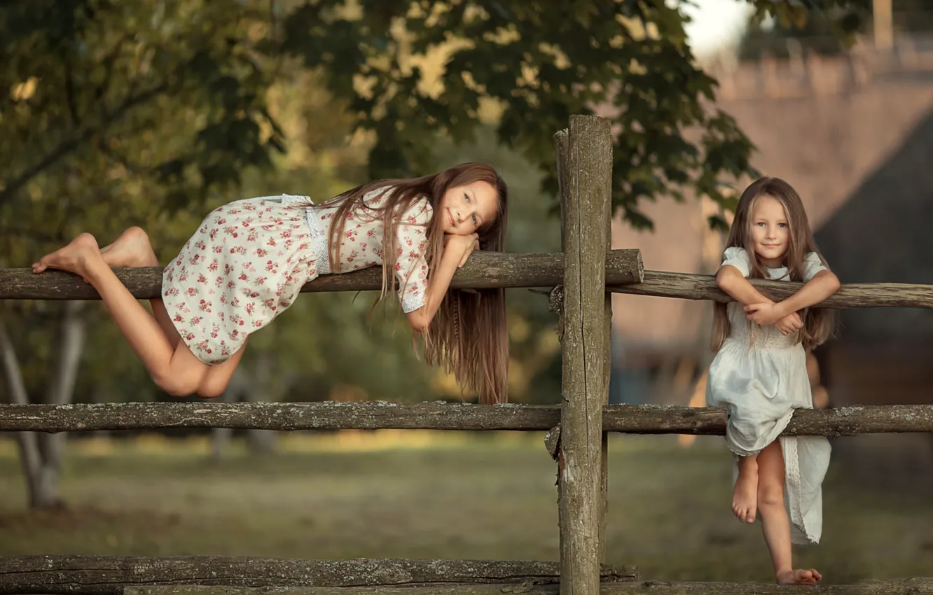 Photo wallpaper summer, childhood, girls, village, sisters, the fence