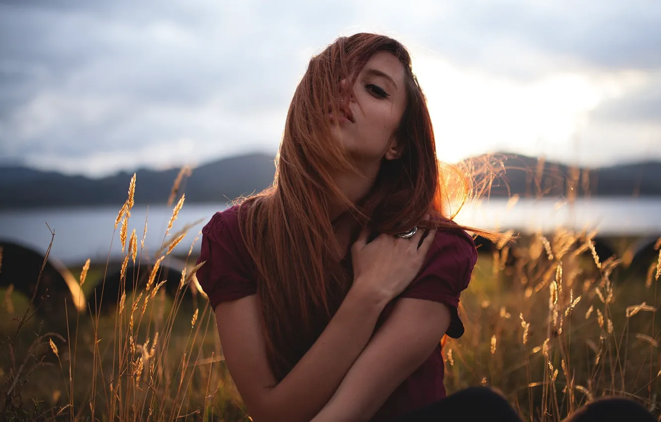 Photo wallpaper The sky, Nature, Girl, Mountains, Redhead, Pond