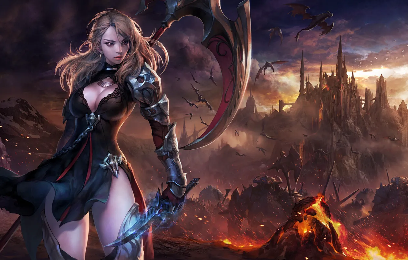 Photo wallpaper girl, lights, style, weapons, castle, fiction, war, dragon