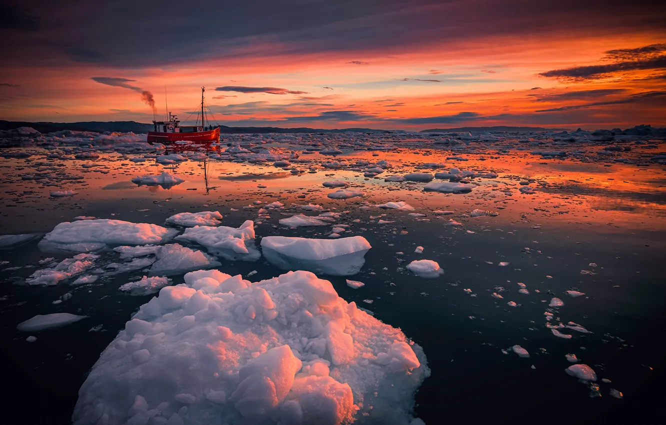 Photo wallpaper sea, sunset, ice, Barkas, Greenland, Greenland, Disko Bay, the boat