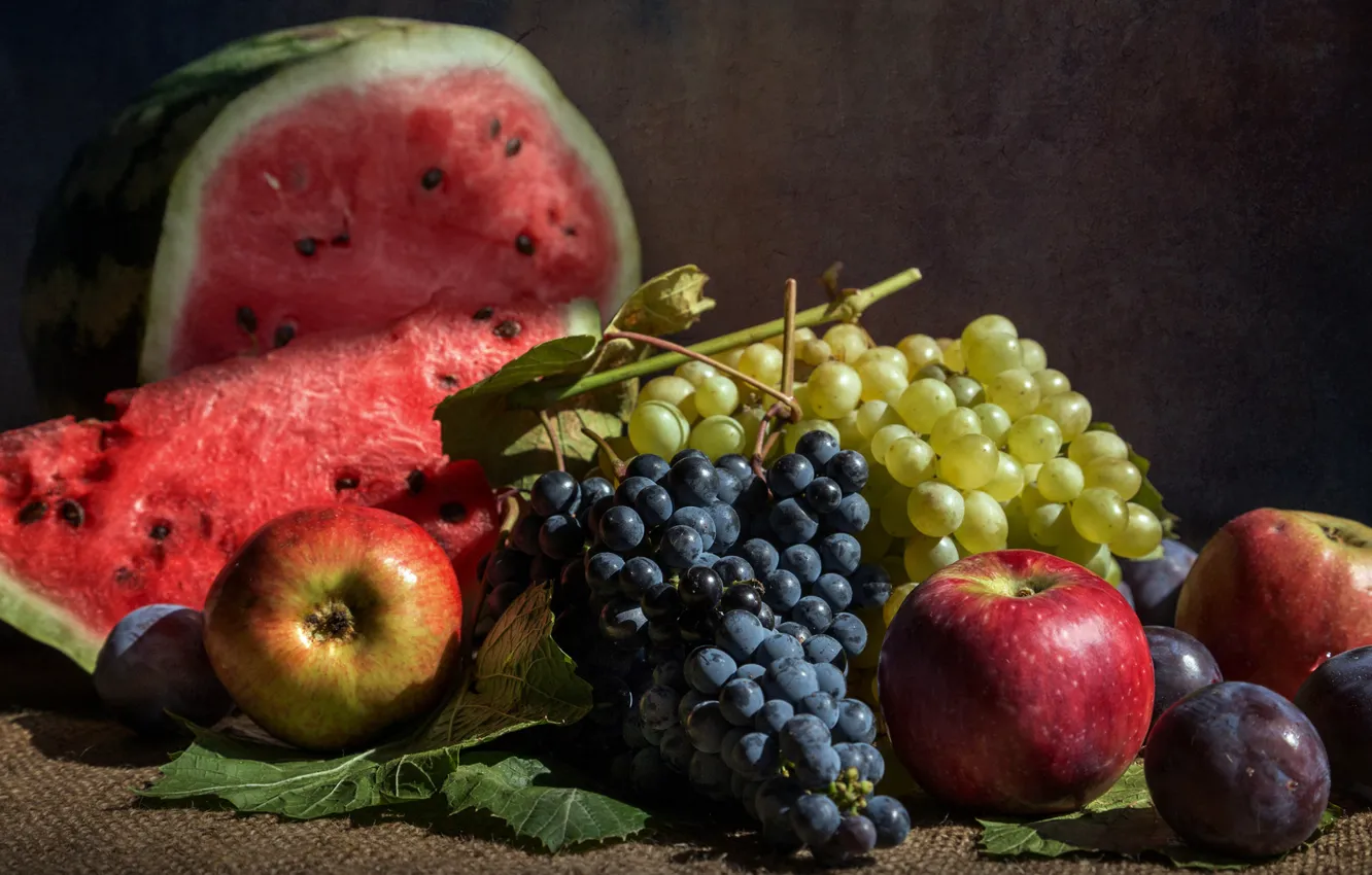 Photo wallpaper berries, apples, watermelon, grapes, fruit, still life, plum