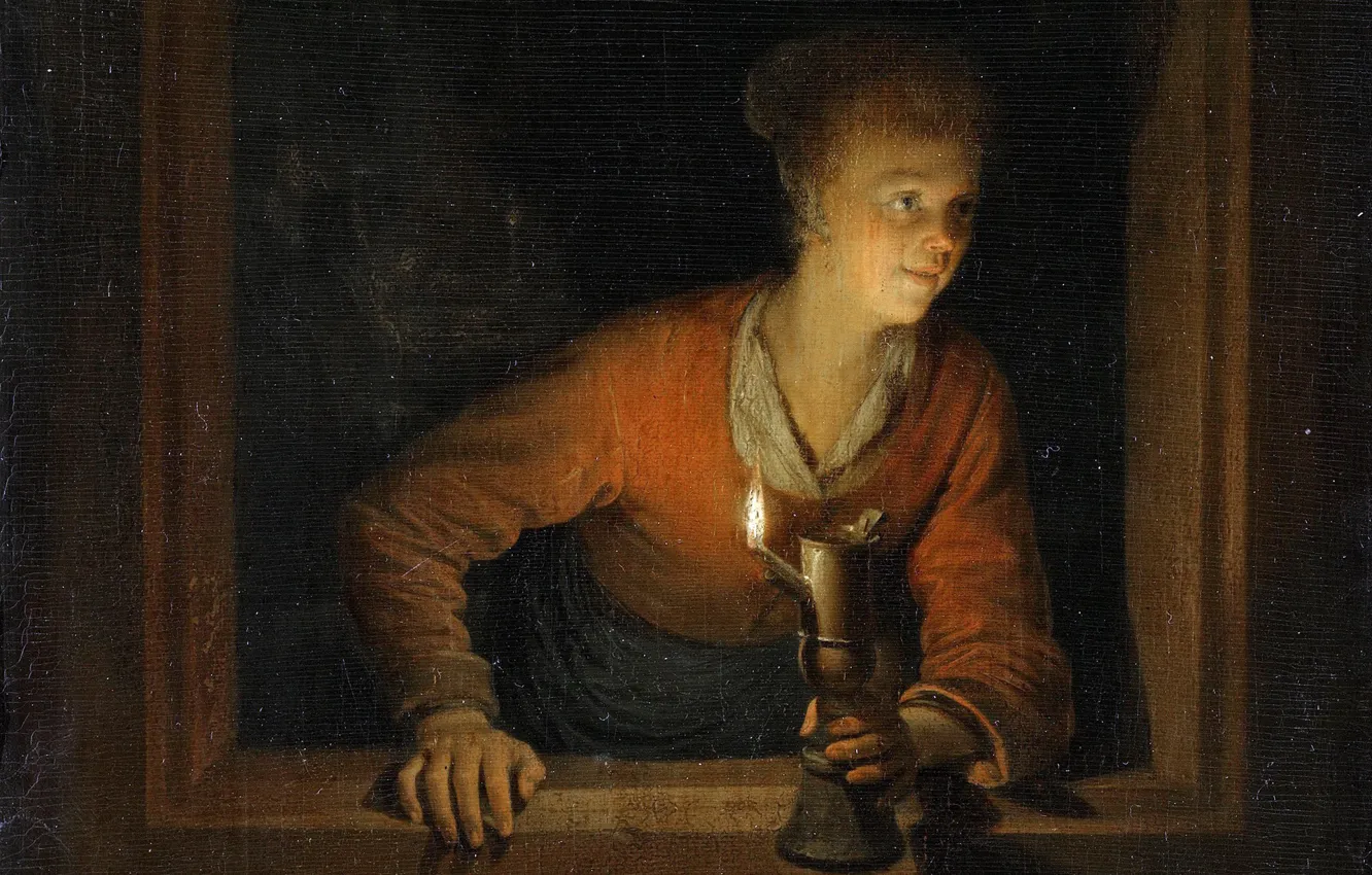 Photo wallpaper picture, genre, The woman in the Window with the Lamp, Gerard Dou