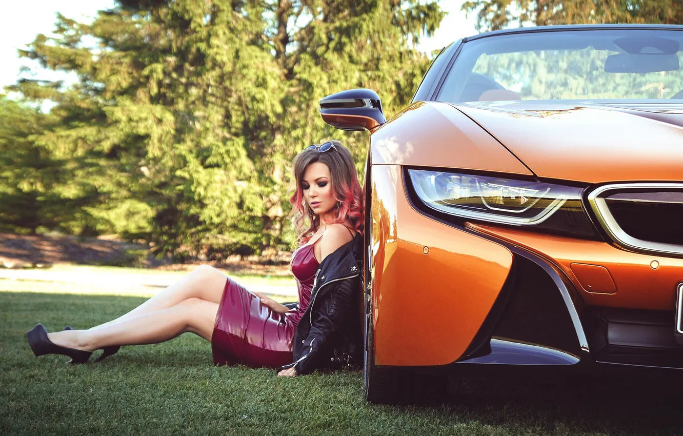 Photo wallpaper car, girl, sexy, beautiful, model, leather, high heels, skirt