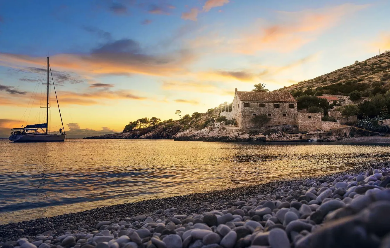 Photo wallpaper sea, beach, the evening, yacht, Adriatica, Hvar, the island of Gvar, Dubovica