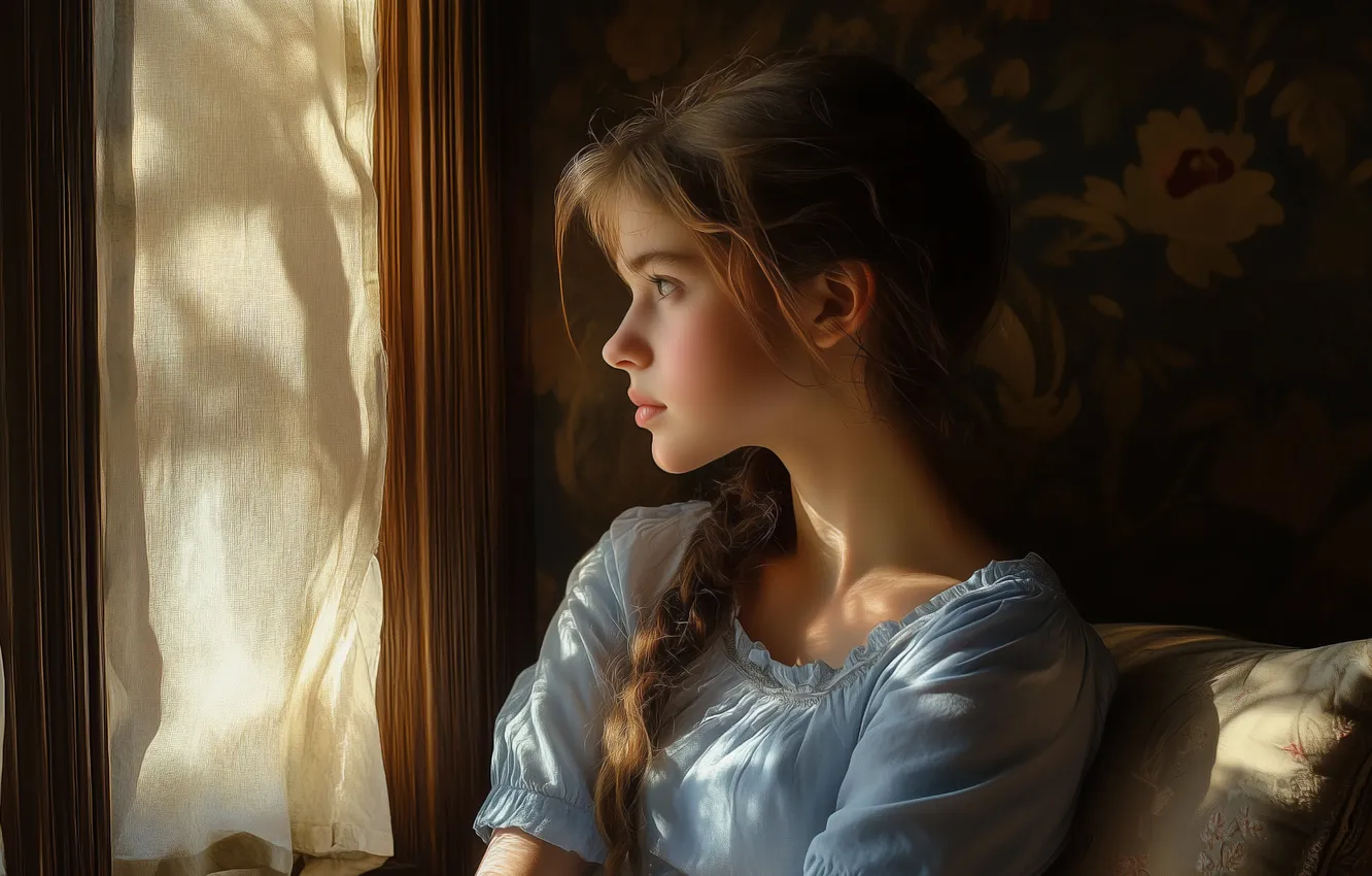 Photo wallpaper look, girl, light, the dark background, room, wall, portrait, pillow