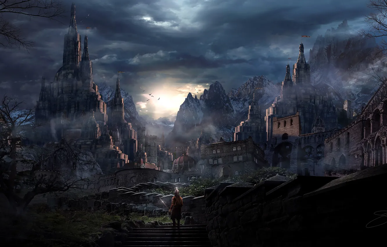 Photo wallpaper mountains, castle, sword, knight, another world