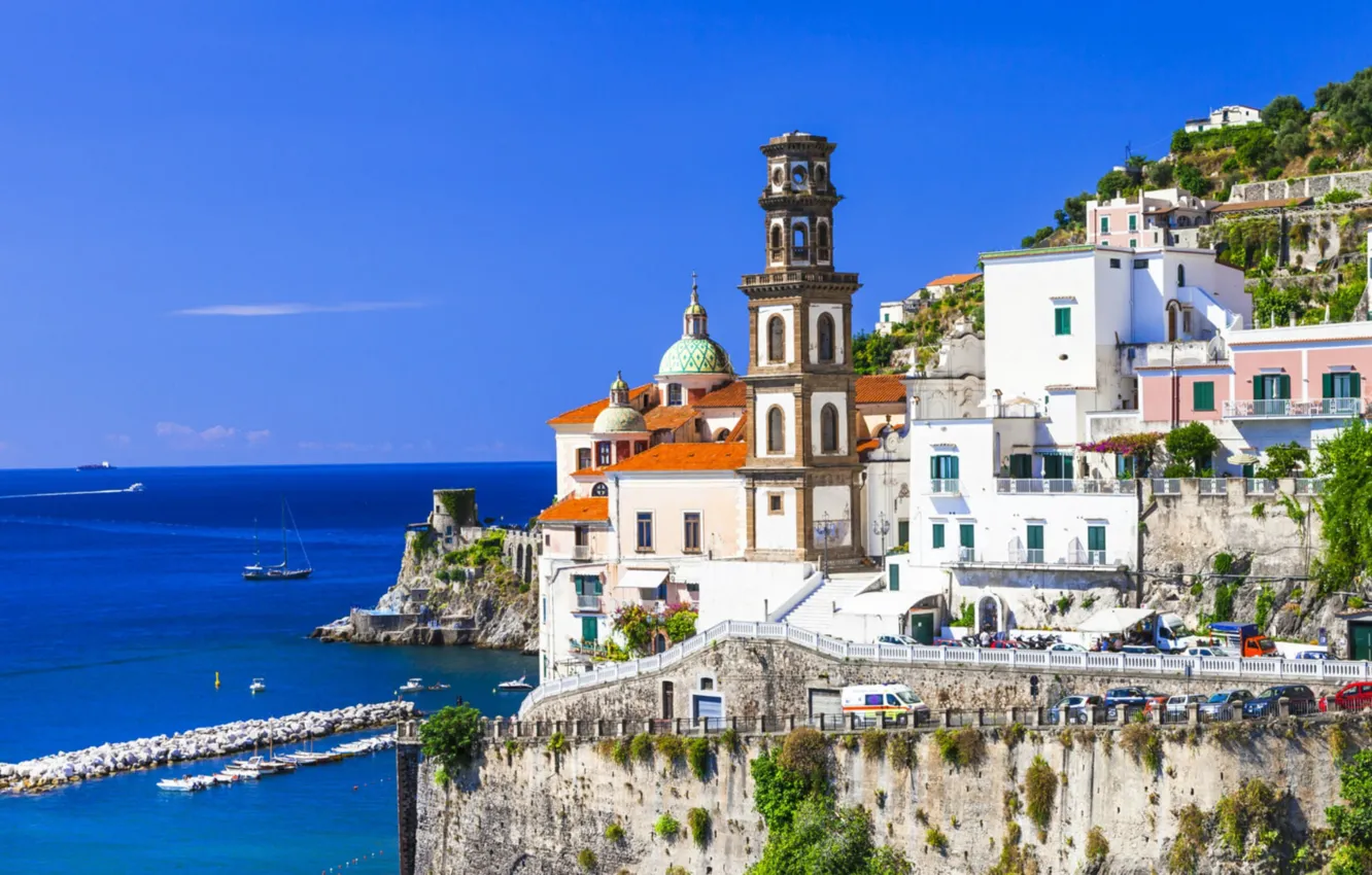 Photo wallpaper sea, tower, home, Italy, Amalfi, Atrani, Salerno