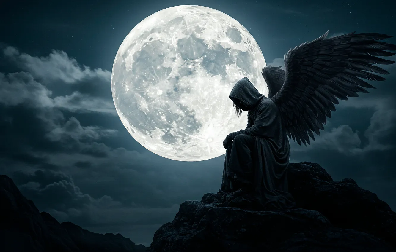 Photo wallpaper night, Wallpaper, the moon, wings, angel, art, wallpaper, moon