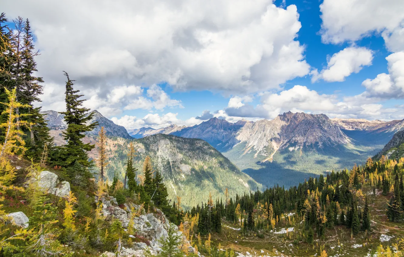 Photo wallpaper the sky, clouds, trees, landscape, mountains, nature, beauty