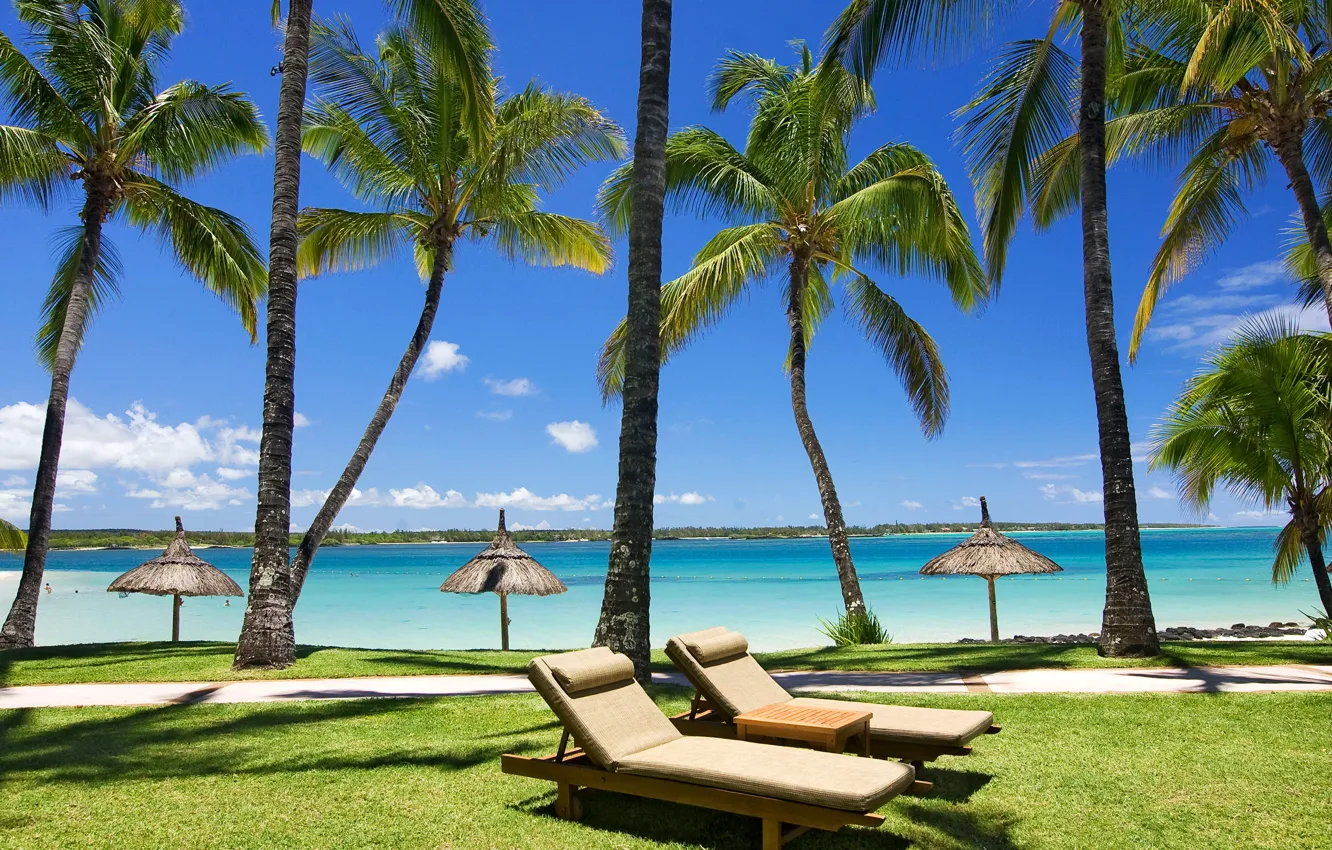 Photo wallpaper sea, the sky, clouds, tropics, palm trees, island, umbrella, couch