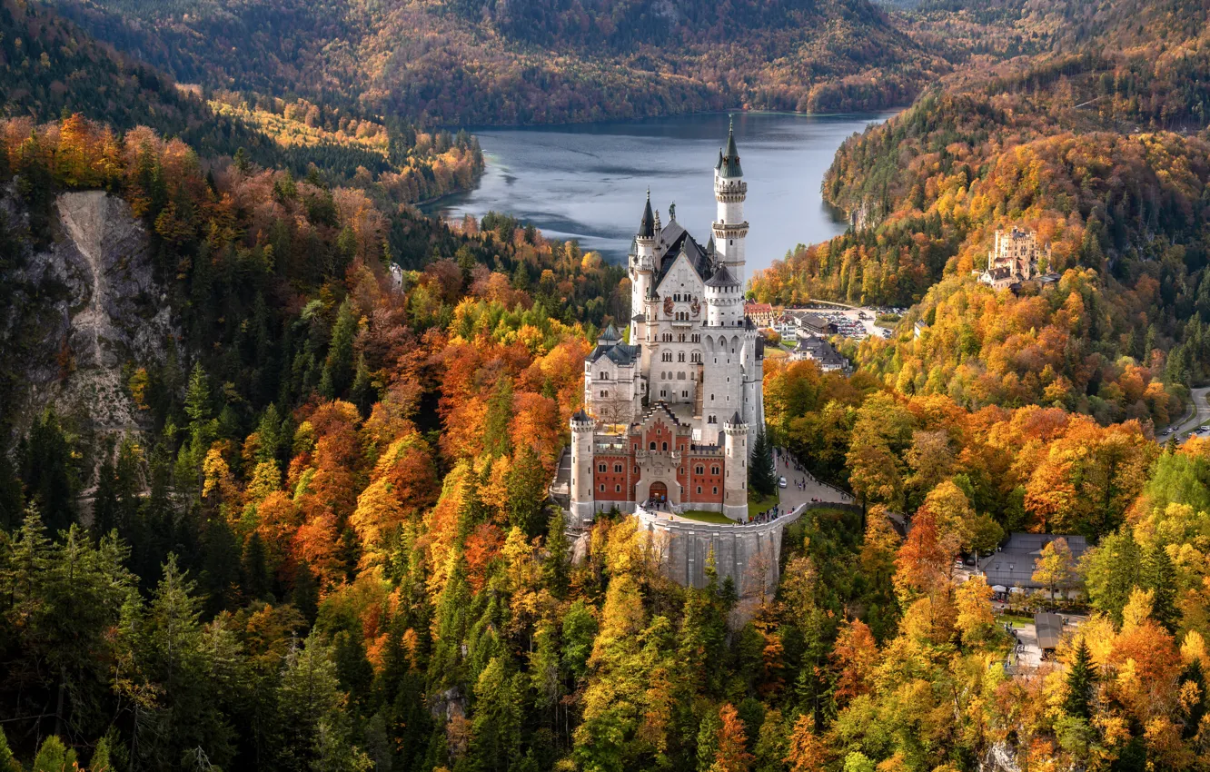 Photo wallpaper autumn, forest, lake, castle, Germany, Bayern, Germany, Bavaria