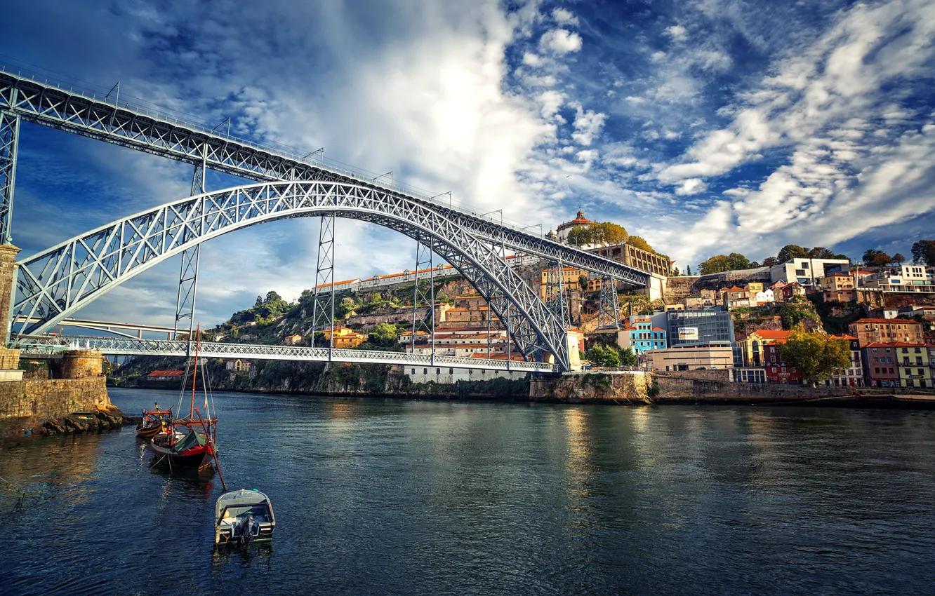 Photo wallpaper the sky, clouds, trees, home, boats, Portugal, Port, the Douro river