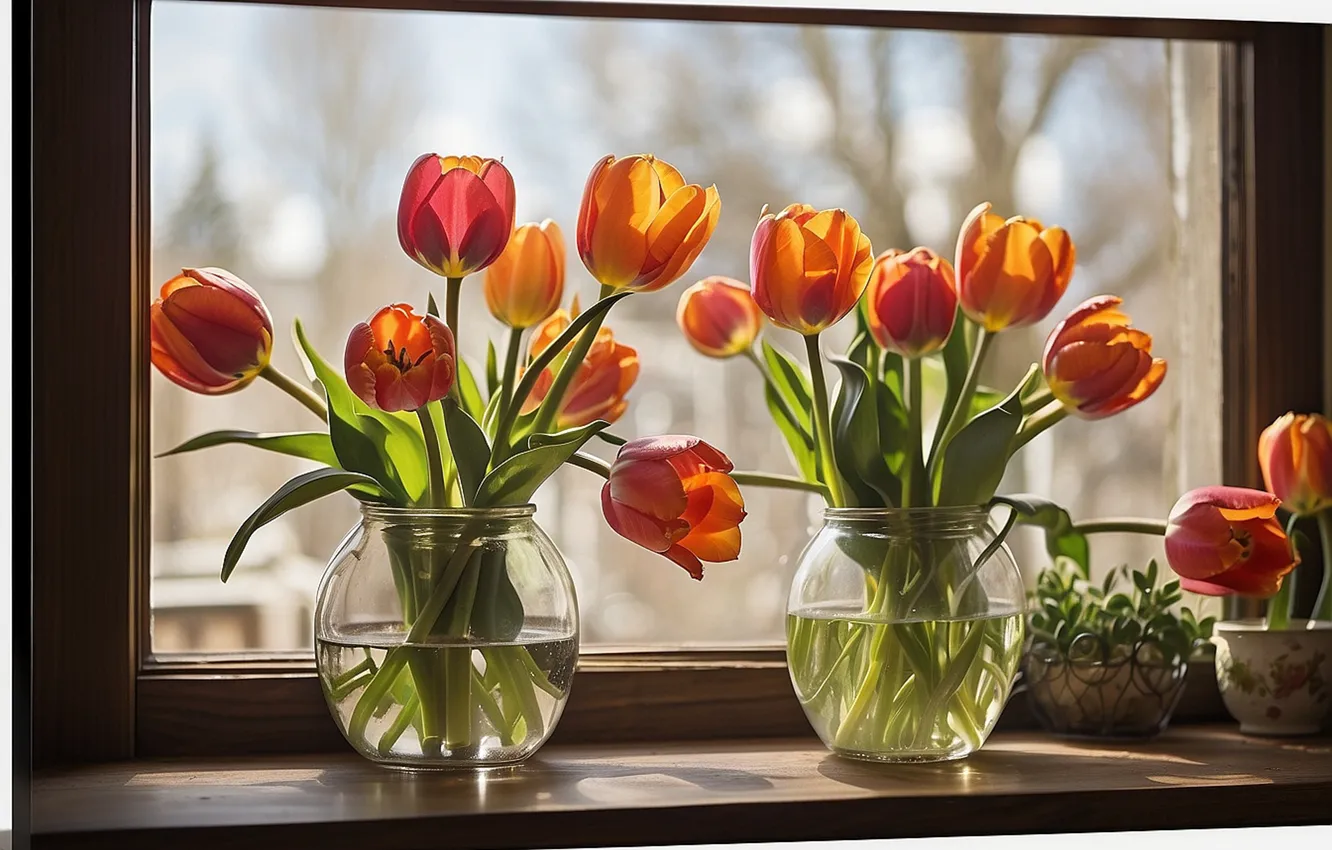 Photo wallpaper glass, leaves, water, light, flowers, orange, plant, shadow
