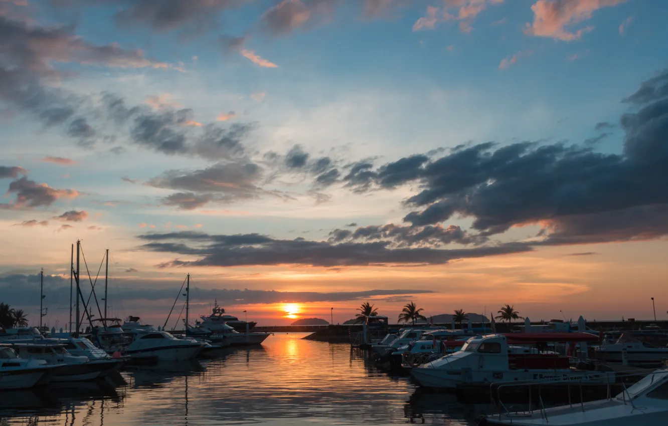 Photo wallpaper sea, the sky, sunset, Marina, boats