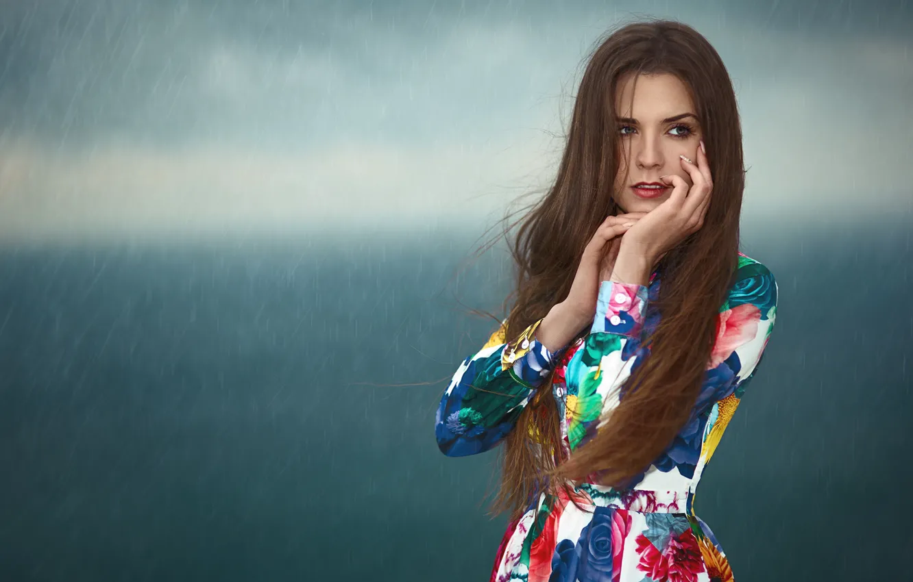 Photo wallpaper girl, rain, portrait, long hair, Renat Khismatulin