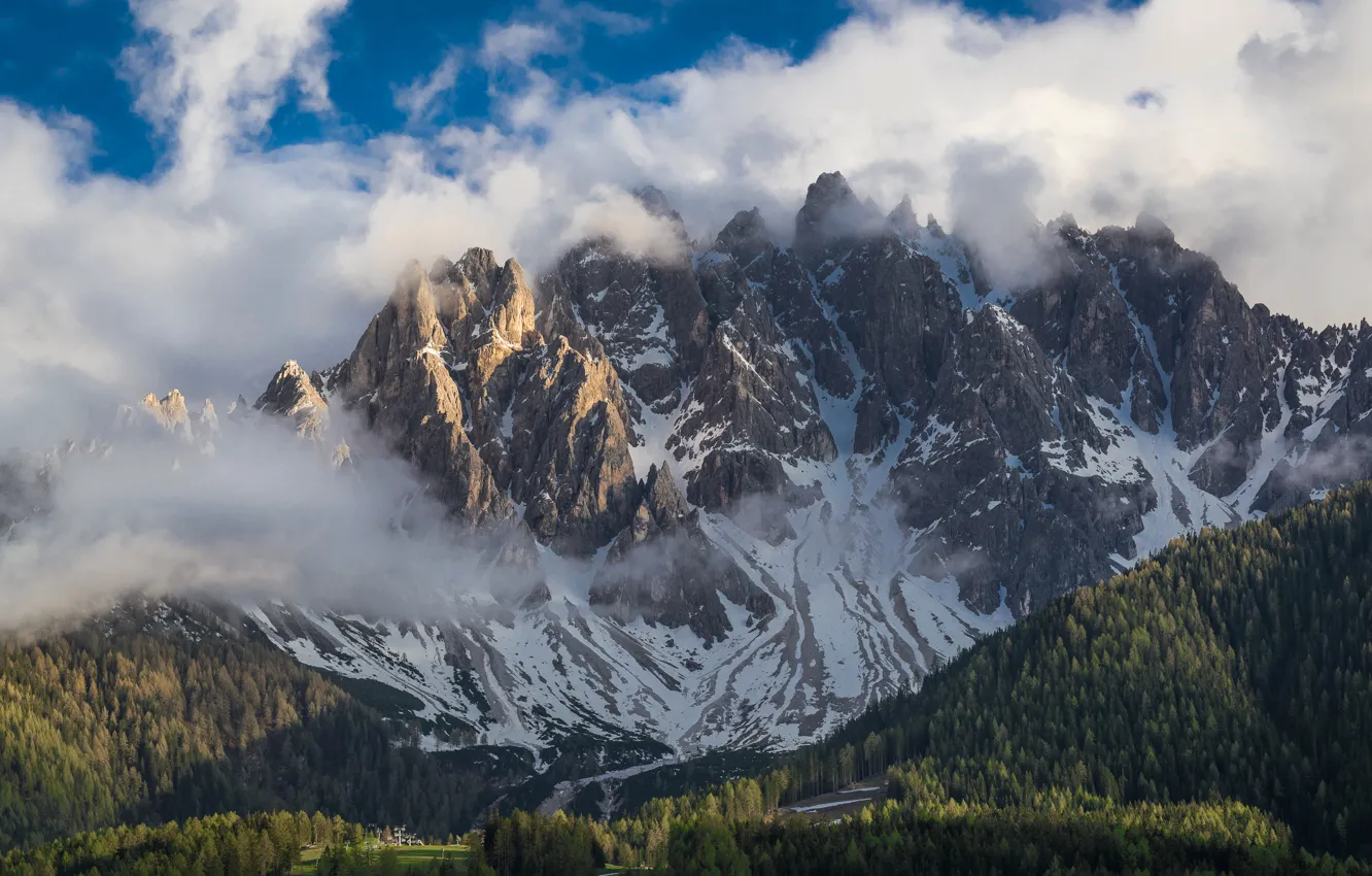 Photo wallpaper forest, clouds, mountains, the slopes, Italy, The Dolomites, San Candido
